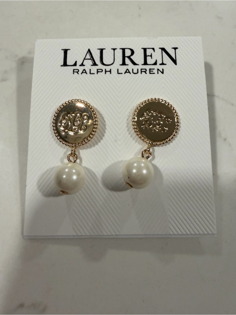 Lauren Ralph Lauren Gold and White Pearl Drop Medallion Earrings